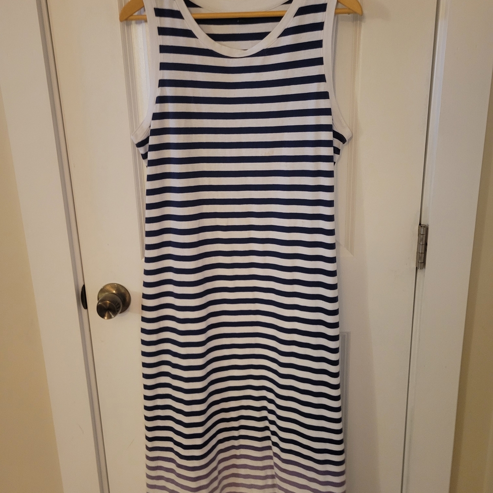 Nautica Sleeveless Navy and White Striped Maxi Dress with Subtle Ombre